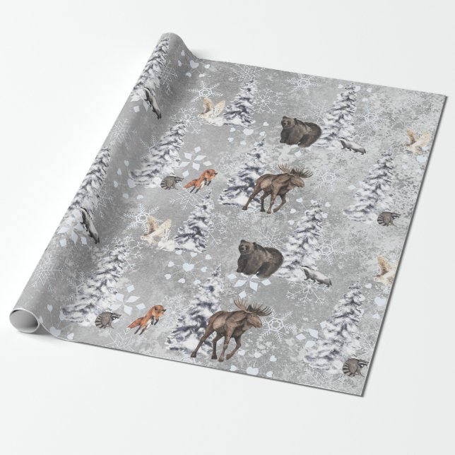 Papel De Presente Woodland Winter Moose Christmas Tree Floco (Desenrolado)