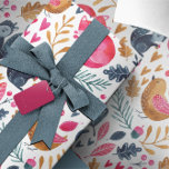 Papel De Presente Woodland Winter Watercolor Fox Christmas<br><div class="desc">Woodland Winter Watercolor Fox Christmas wrappaper from Ricaso - apresentando uma raposa rosa,  um passarinho e um esquilo fofinho sobre um fundo de folhas,  corações,  bolotas e bagas - um maravilhoso papel de embrulho de prenda de inverno na floresta</div>
