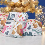 Papel De Presente Woodland Winter Watercolor Fox Christmas<br><div class="desc">Woodland Winter Watercolor Fox Christmas wrappaper from Ricaso - apresentando uma raposa rosa,  um passarinho e um esquilo fofinho sobre um fundo de folhas,  corações,  bolotas e bagas - um maravilhoso papel de embrulho de prenda de inverno na floresta</div>