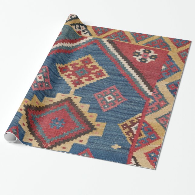 Papel De Presente Woven Kilim Royal Blue Yellow Classic  (Desenrolado)