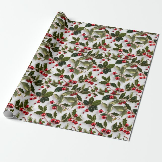 Papel De Presente Wrap Festivo Wonderland 'Holly Berries' (Desenrolado)