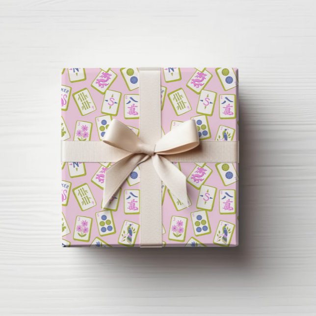 Papel De Presente Wrapping Paper (Preppy hand drawn Mahjong Tiles tossed on a pastel pink background.)