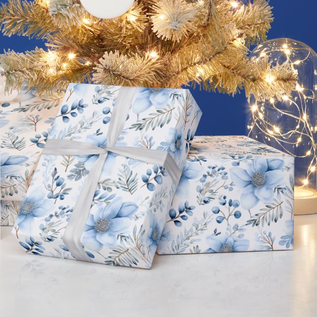 Papel De Presente Wrapping Paper - Blue Winter Floral Pattern (Feriados)
