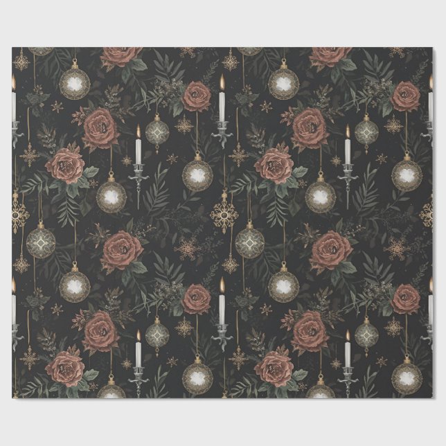 Papel De Presente Wrapping Paper – Crimson Roses, Gold Ornaments  (Aberto)