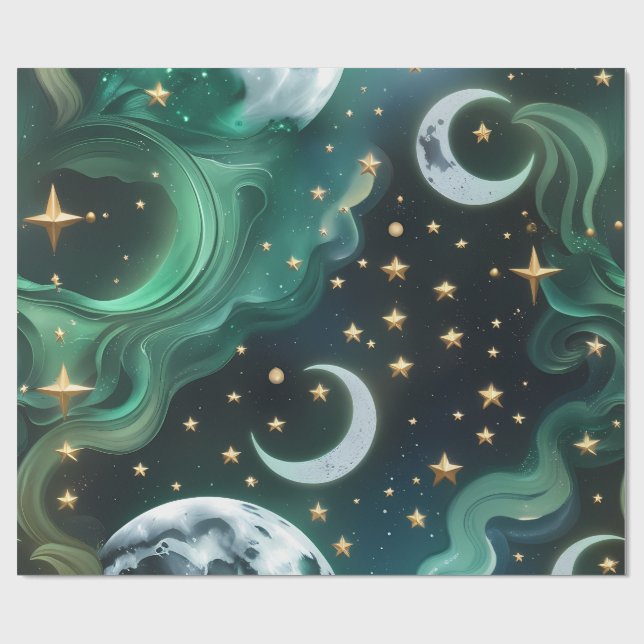 Papel De Presente Wrapping Paper - Emerald Green Celestial Moon (Aberto)