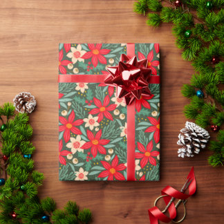 Papel De Presente Wrapping paper for Christmas with red poinsettia.
