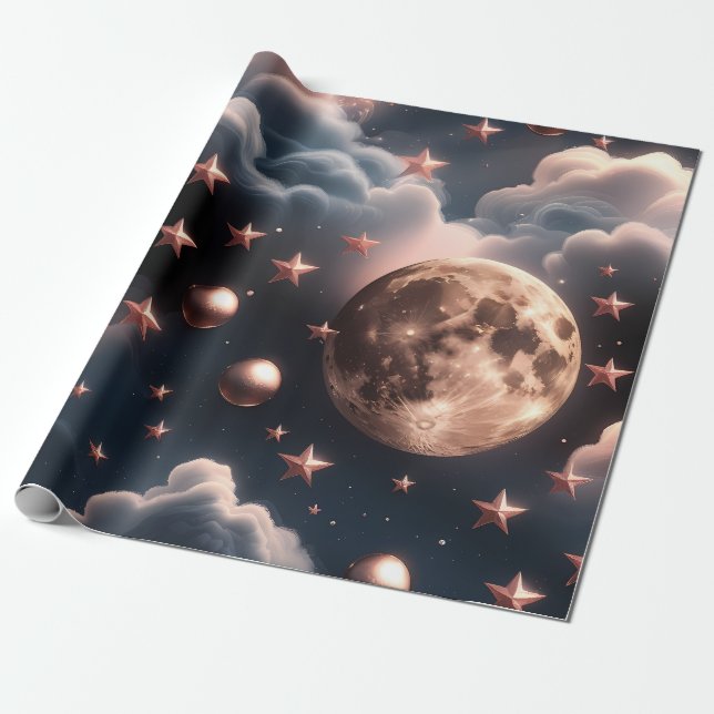 Papel De Presente Wrapping Paper – Luxury Rose Gold Celestial Moon  (Desenrolado)
