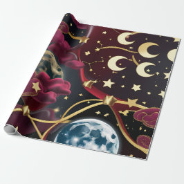 Papel De Presente Wrapping Paper - Red Celestial Moon Design