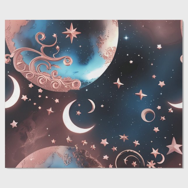 Papel De Presente Wrapping Paper – Rose Gold Celestial Moon (Aberto)