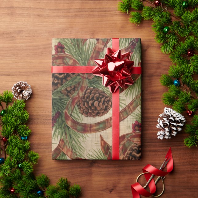 Papel De Presente Wrapping Paper Rustic Pinecone Holiday Ribbon (Presente de Natal)