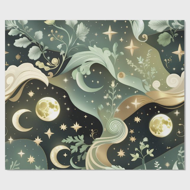 Papel De Presente Wrapping Paper - Sage Green Celestial Moon (Aberto)
