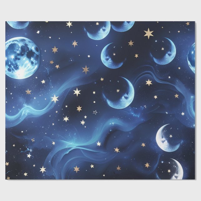 Papel De Presente Wrapping Paper Sapphire Blue Celestial Moon (Aberto)