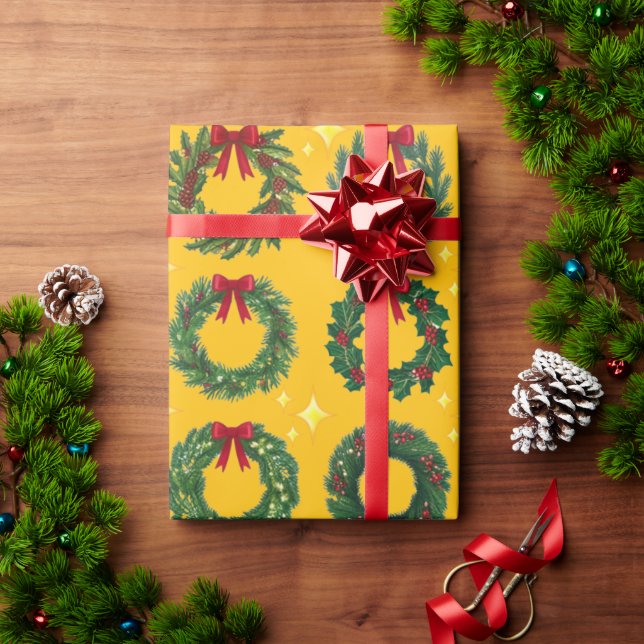 Papel De Presente Wreath de Natal Amarelo (Presente de Natal)