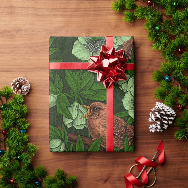 Papel De Presente Wren e hellebord em verde escuro (Presente de Natal)
