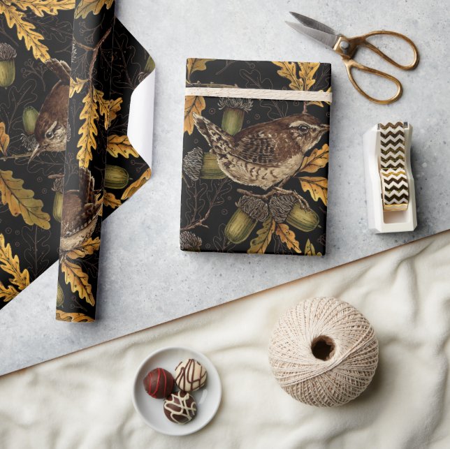 Papel De Presente Wrens e bolotas de preto (Artesanato)