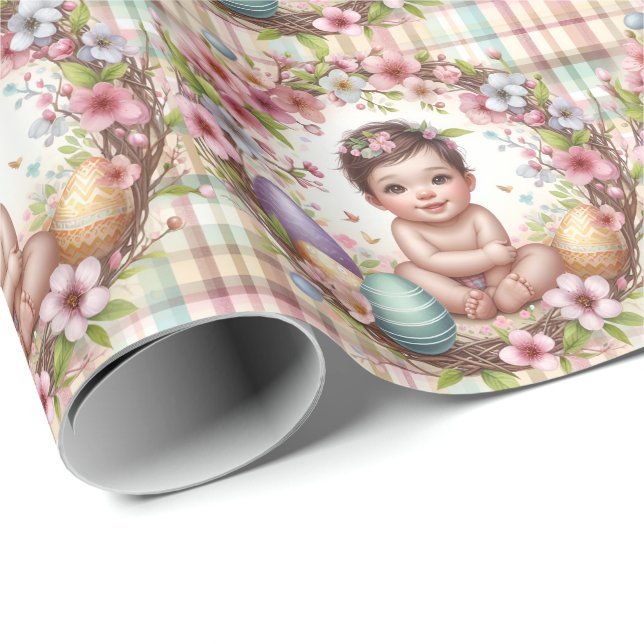 Papel De Presente Xadrez Aquarela Floral Bebê Primeira Páscoa (Ponta do rolo)