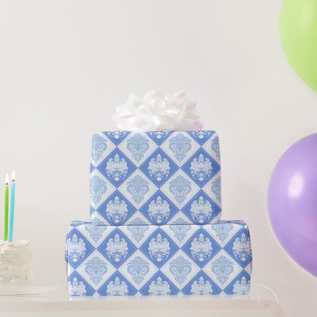 Papel De Presente Xadrez Azul Damask (Presentes para festas)