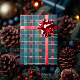 Papel De Presente Xadrez azul e borgonha sofisticada - Clássica