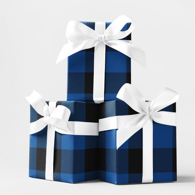 Papel De Presente Xadrez Azul e Preto Grande com Chevron de Búfalo (Large Blue and Black Chevron Buffalo Plaid Wrapping Paper)