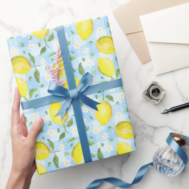 Papel De Presente Xadrez Azul Limões e Margaridas (Presentear)