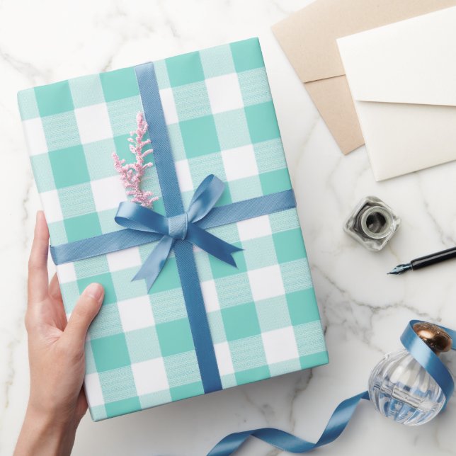 Papel De Presente Xadrez Azul Menta Fresco Padrão Xale Gingham (Presentear)