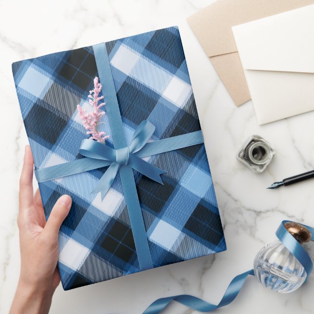 Papel De Presente Xadrez Azul Naval Tradicional no Céu (Presentear)