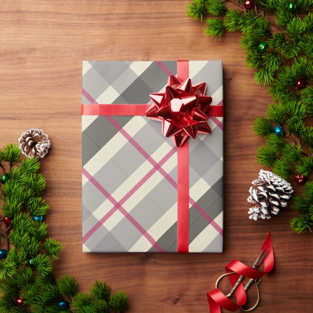 Papel De Presente Xadrez Balmoral Preto Cinza Bege Borgonha (Presente de Natal)