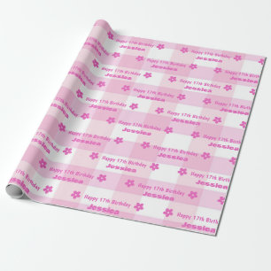 Papel De Presente Xadrez Branca Rosa Personalizada Feliz 17º Anivers