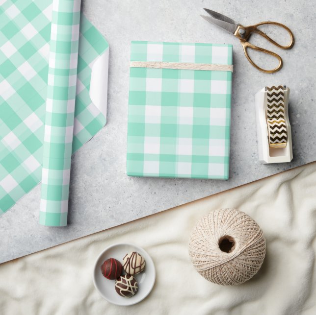 Papel De Presente Xadrez Branco Menta Brisa Fresca de Verão (Artesanato)