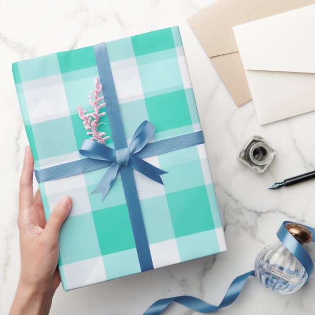 Papel De Presente Xadrez Branco Menta Brisa Fresca de Verão (Presentear)