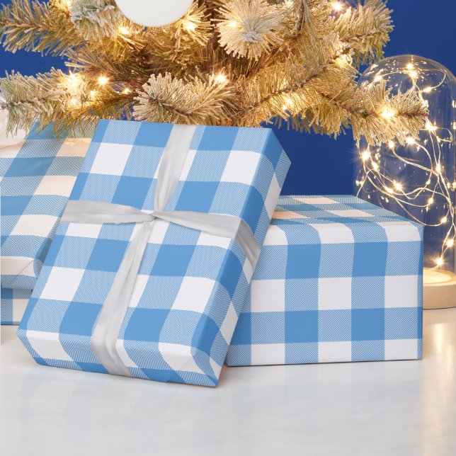 Papel De Presente Xadrez Búfalo Azul e Branco (Feriados)