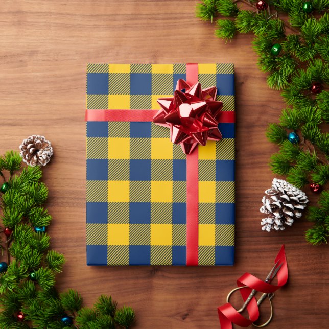 Papel De Presente Xadrez Búfalo Dourado e Azul Naval (Presente de Natal)