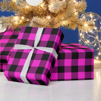 Papel De Presente Xadrez Búfalo Preto e Magenta Quente