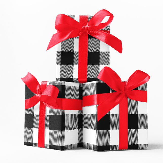 Papel De Presente Xadrez Buffalo com Chevron Branco e Preto Grande (Large White and Black Chevron Buffalo Plaid Wrapping Paper)