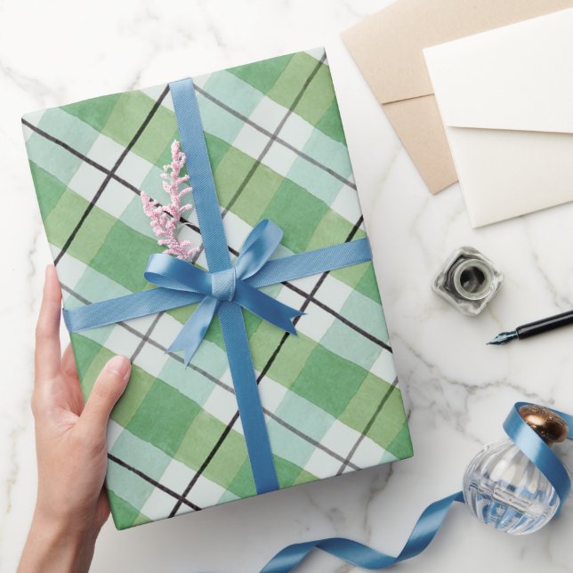 Papel De Presente Xadrez de Aquarela Verde e Branca (Presentear)