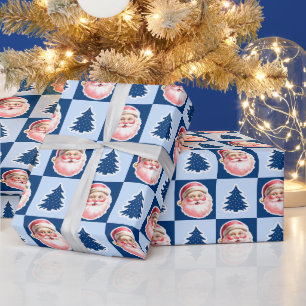 Papel De Presente Xadrez de Árvore de Natal Blue Retro Santa Claus