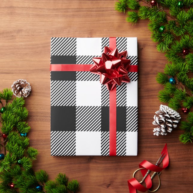 Papel De Presente Xadrez de Búfalo Branco e Preto de Natal (Presente de Natal)