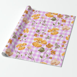 Papel De Presente Xadrez de Búfalo Branco Roxo e Flores Amarelas