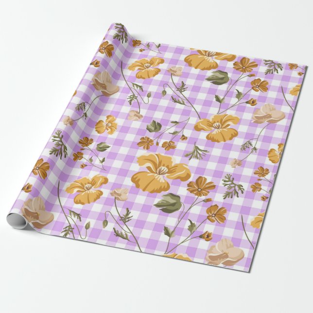 Papel De Presente Xadrez de Búfalo Branco Roxo e Flores Amarelas (Desenrolado)