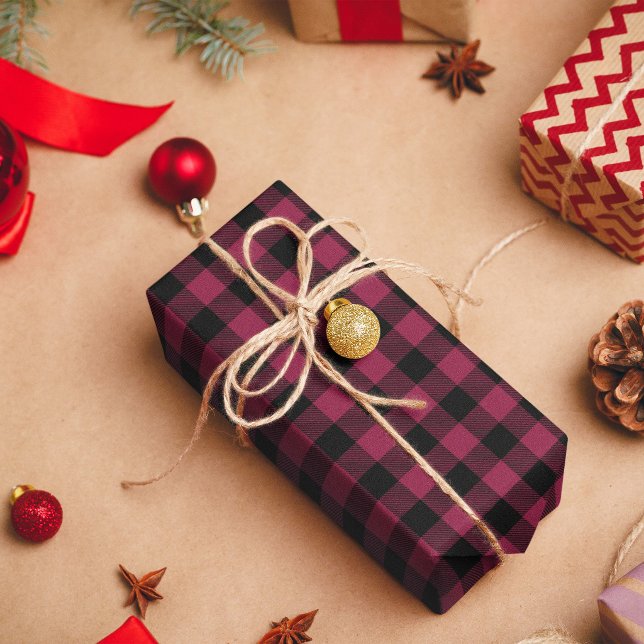 Papel De Presente Xadrez de búfalo burgundy e preto (Burgundy and Black Buffalo Plaid Wrapping Paper)
