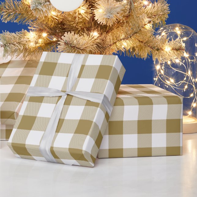 Papel De Presente Xadrez de Búfalo Dourado e Branco (Feriados)