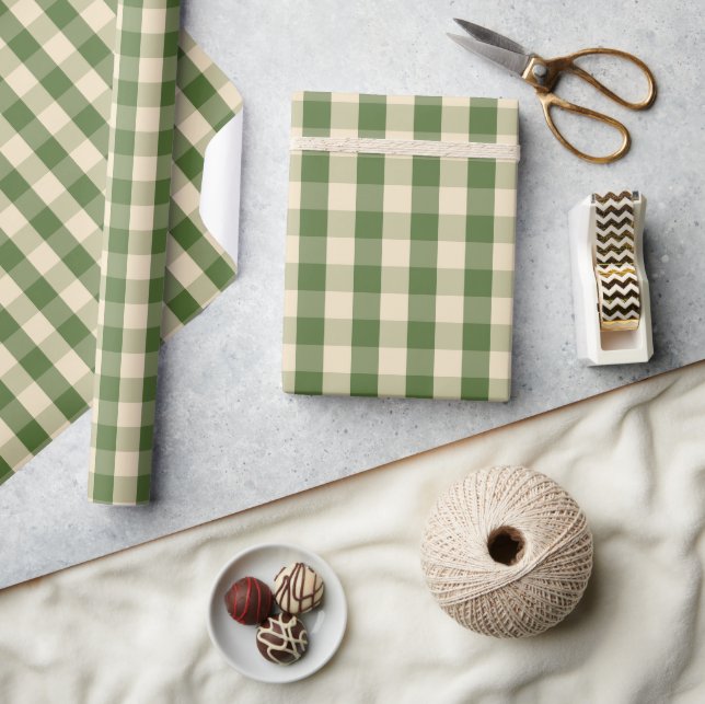 Papel De Presente Xadrez de Búfalo em Verde Salvia e Creme (Artesanato)