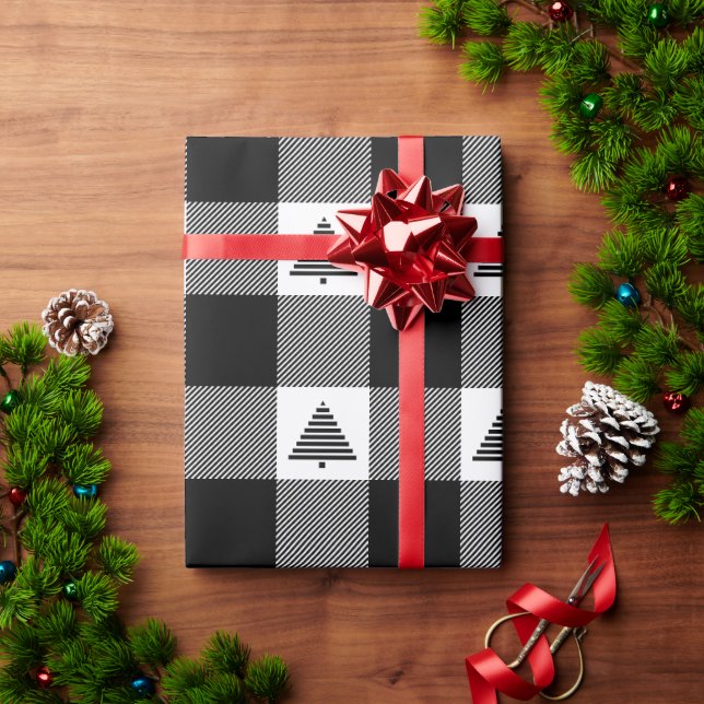 Papel De Presente Xadrez de Búfalo Preto e Branco com Árvores de Nat (Presente de Natal)