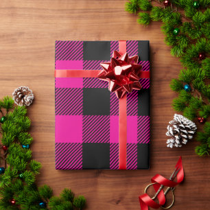 Papel De Presente Xadrez de Búfalo Preto e Rosa Quente de Natal