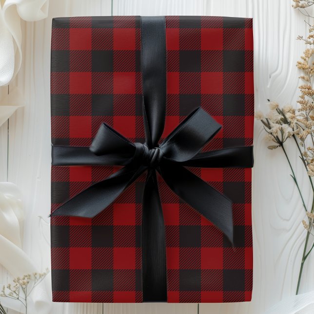Papel De Presente Xadrez de Búfalo Rústico Preto e Vermelho Natal (Criador carregado)