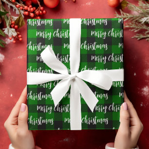 Papel De Presente Xadrez de Búfalo Verde Texto Feliz Natal