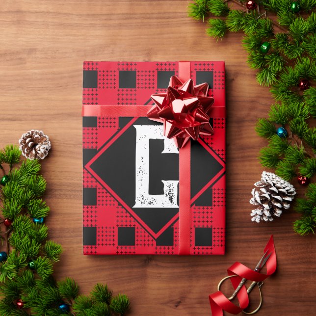 Papel De Presente xadrez de búfalos modernos vermelho e preto Monogr (Presente de Natal)