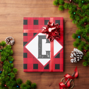 Papel De Presente xadrez de búfalos vermelho e preto Monograma cláss