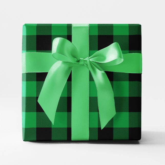 Papel De Presente Xadrez de Buffalo Grande Verde e Chevron Negro (Large Green and Black Chevron Buffalo Plaid Wrapping Paper)