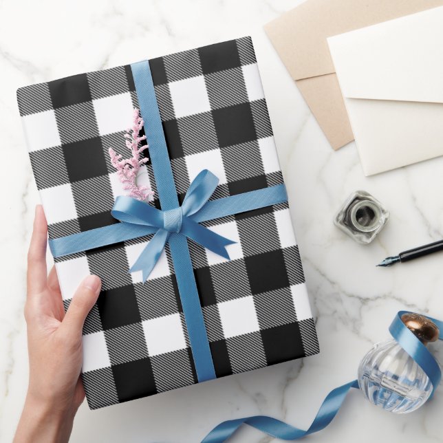 Papel De Presente Xadrez de Buffalo Preto e Branco, Verificada (Presentear)